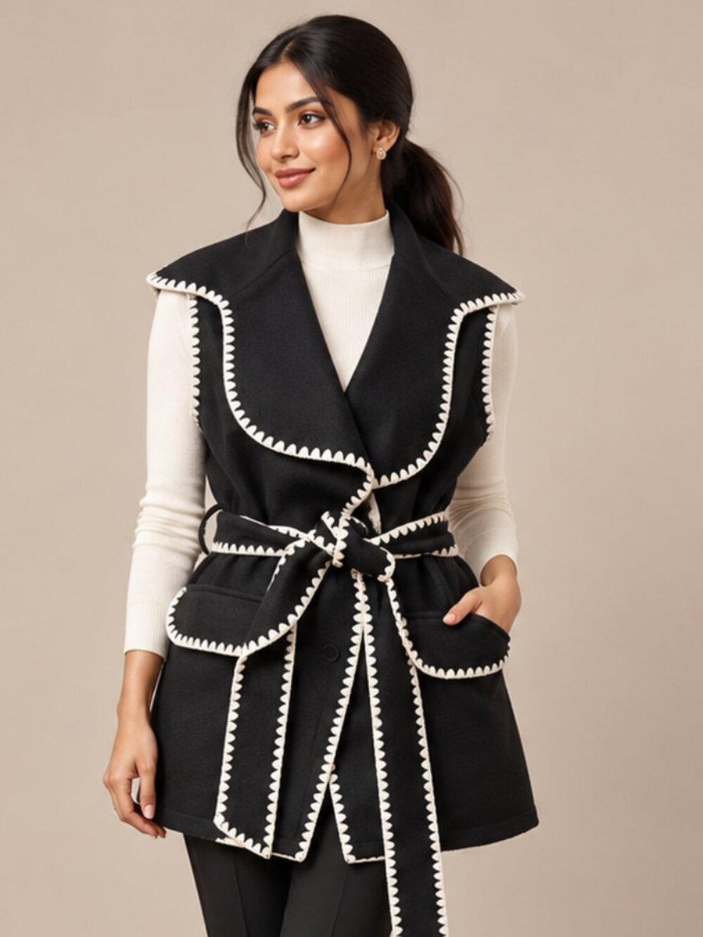 Black & White Whipstitch Belted Longline Vest Small NWT
